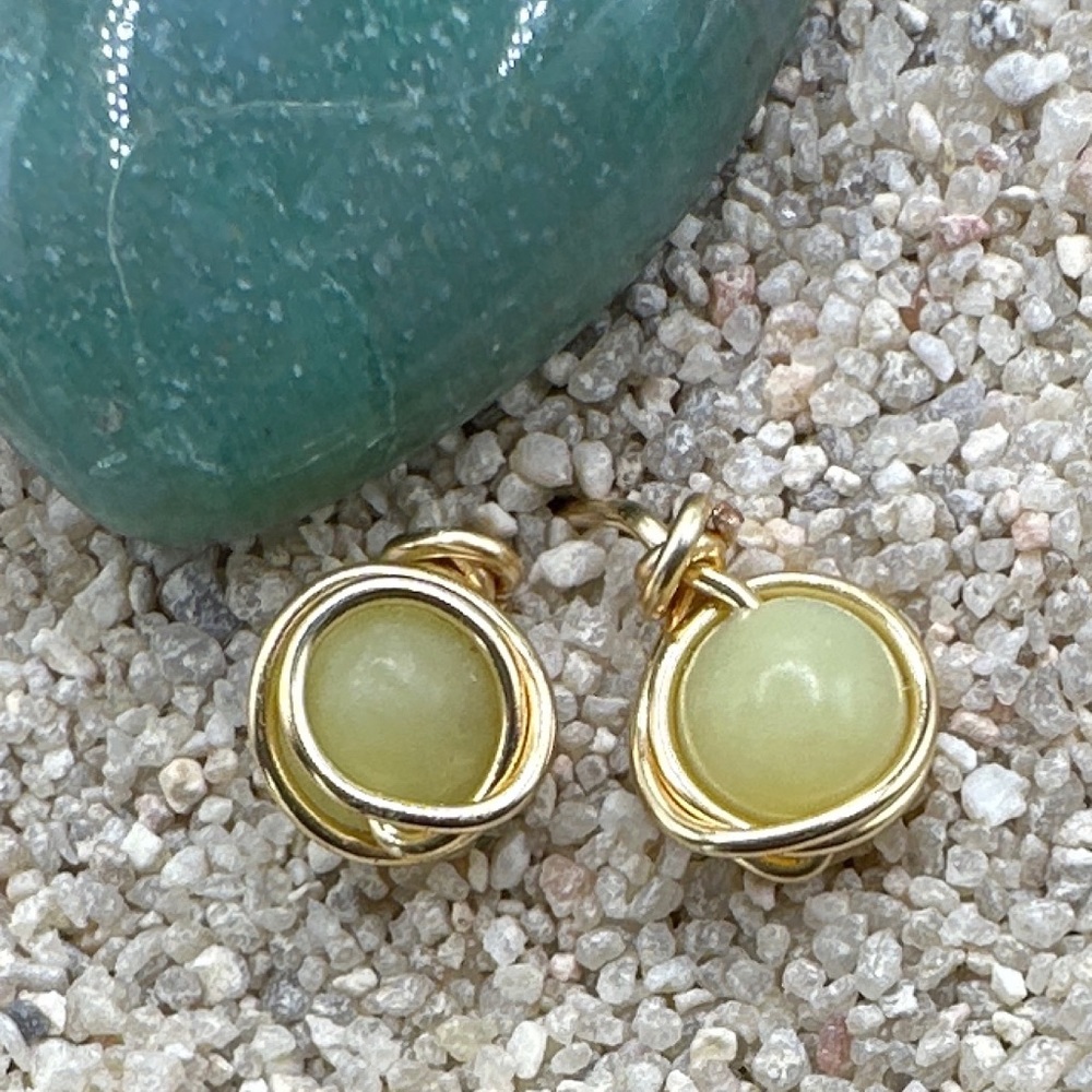 Alquimia Gold Wire Wrapped Lime Green Stone Earrings